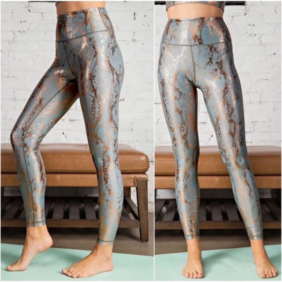 1 LEFT! NYE GOALS Sage And Metallic Copper Athletic Workout Yoga Pants - Picture 3 of 3